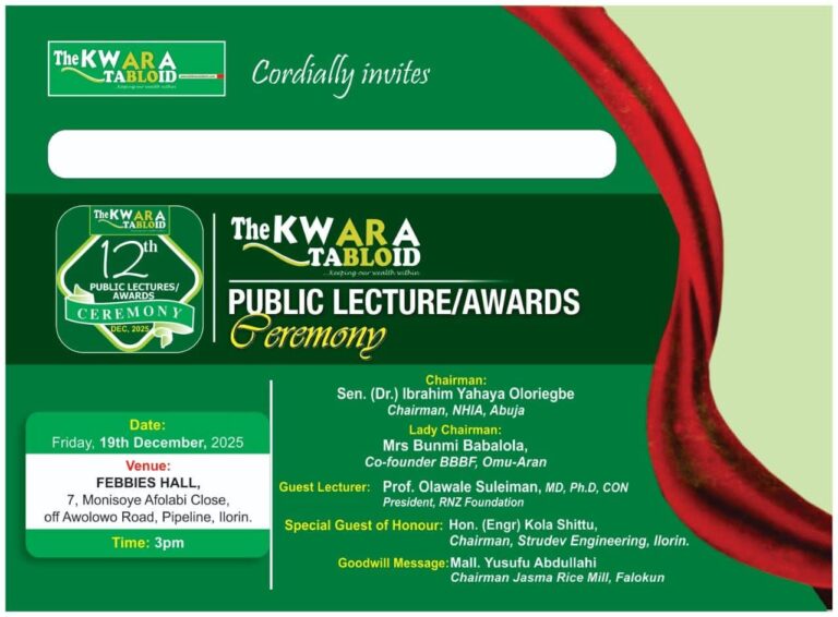 Top Dignitaries to Grace Kwara Tabloid’s 12th Annual Lecture in Ilorin, as Prof. Olawale Suleiman Delivers Keynote and NHIA Chairman Oloriegbe Chairs 2025 Ceremony – SpiceyGists Top Dignitaries to Grace Kwara Tabloid’s 12th Annual Lecture in Ilorin, as Prof. Olawale Suleiman Delivers Keynote and NHIA Chairman Oloriegbe Chairs 2025 Ceremony